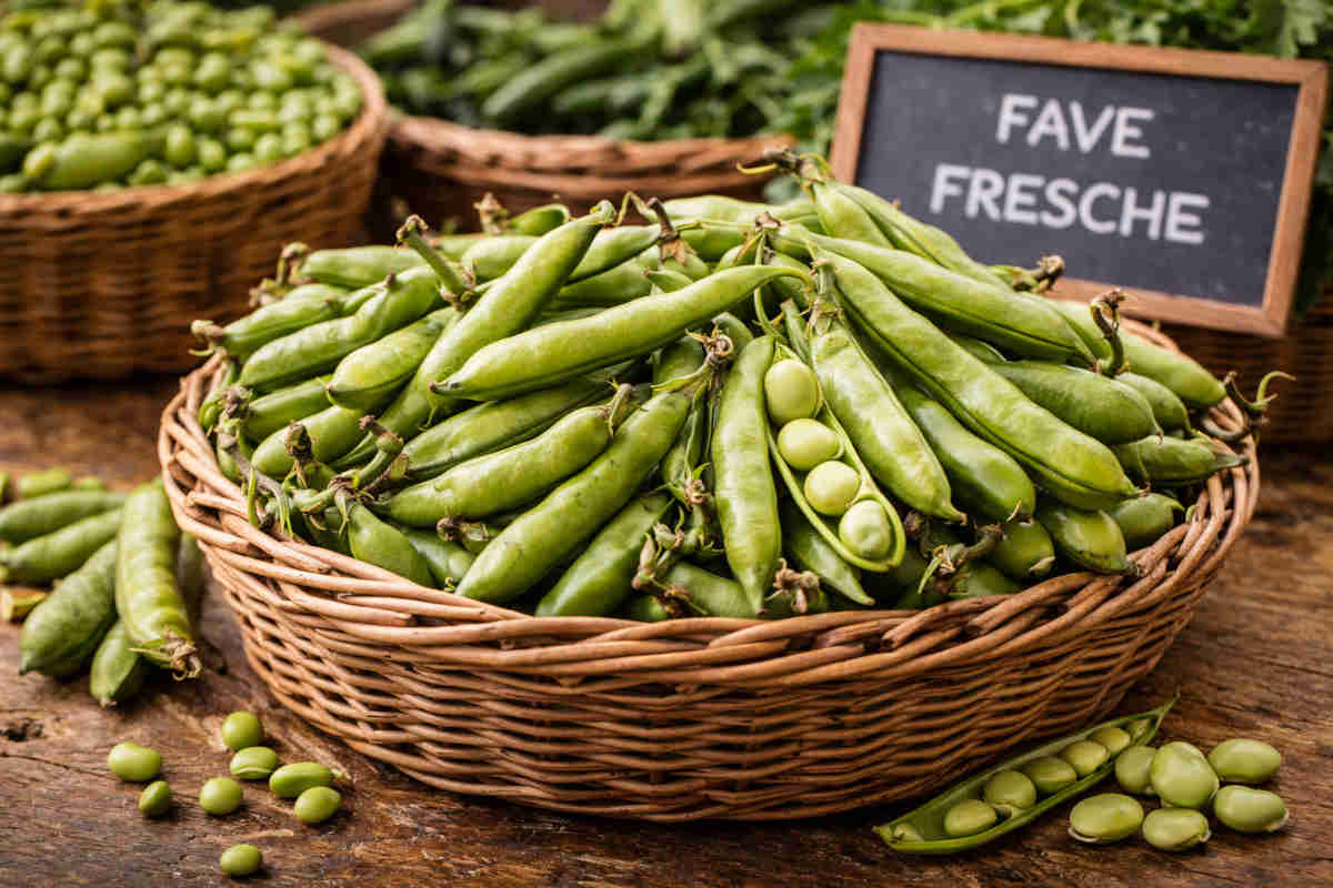 Fave fresche in una cesta di vimini