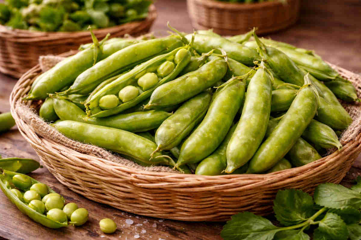 Pisellini teneri in una cesta di vimini