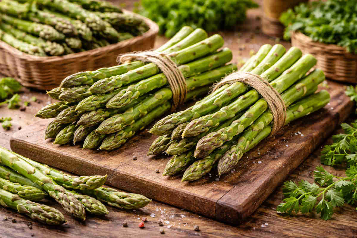 Asparagi di stagione su tagliere di legno