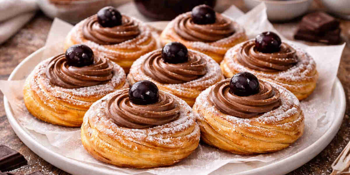 Zeppole San Giuseppe al cioccolato su piatto da portata