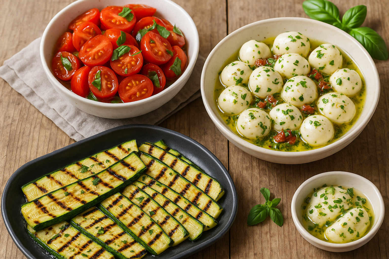 Contorni estivi veloci: pomodorini marinati, zucchine grigliate e mozzarella ligure