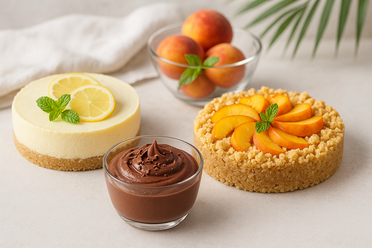 Dolci estivi senza cottura: cheesecake al limone, sbriciolata con pesche e mousse al cioccolato