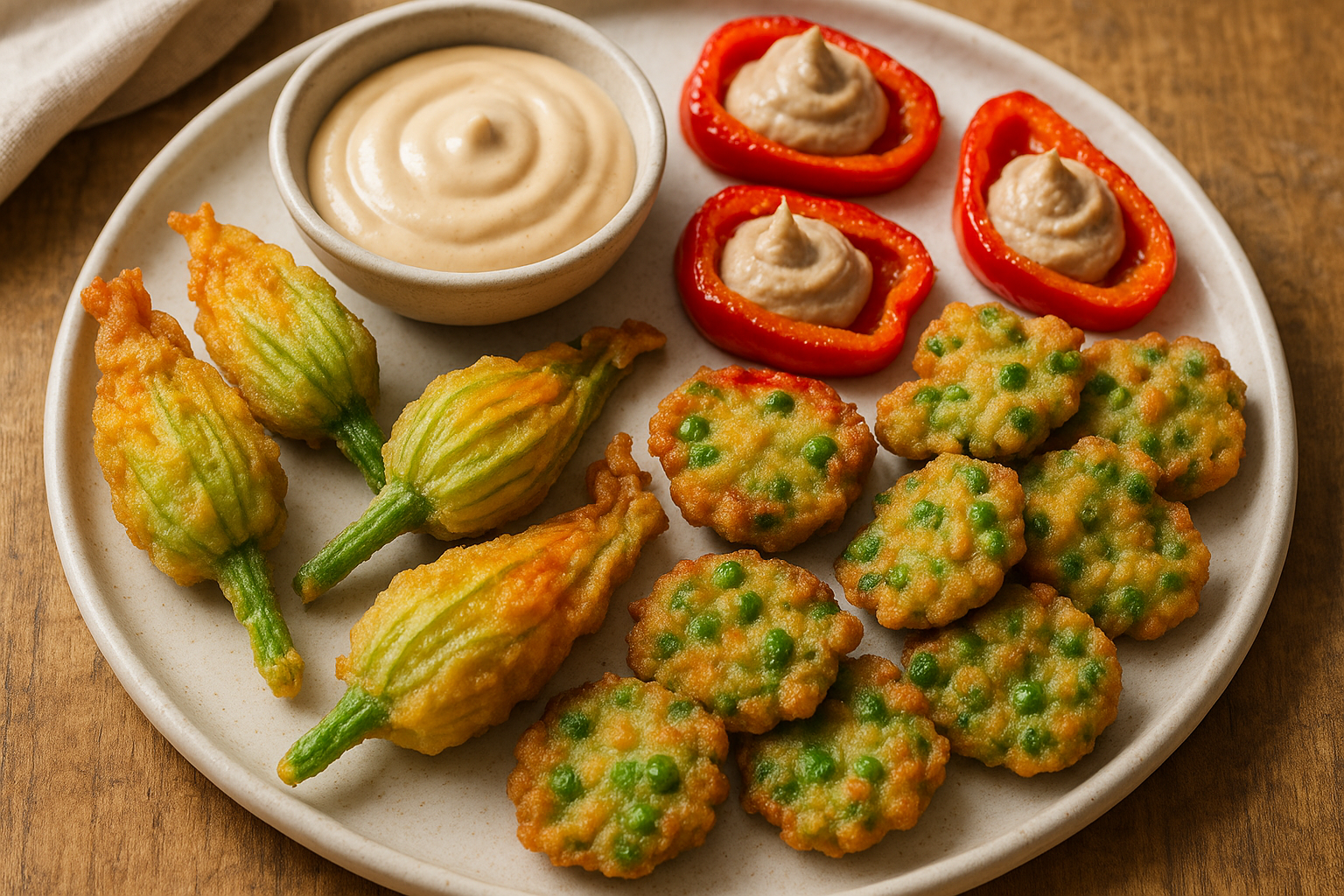 Antipasti estivi croccanti: fiori di zucca, peperoni tonnati e frittelle