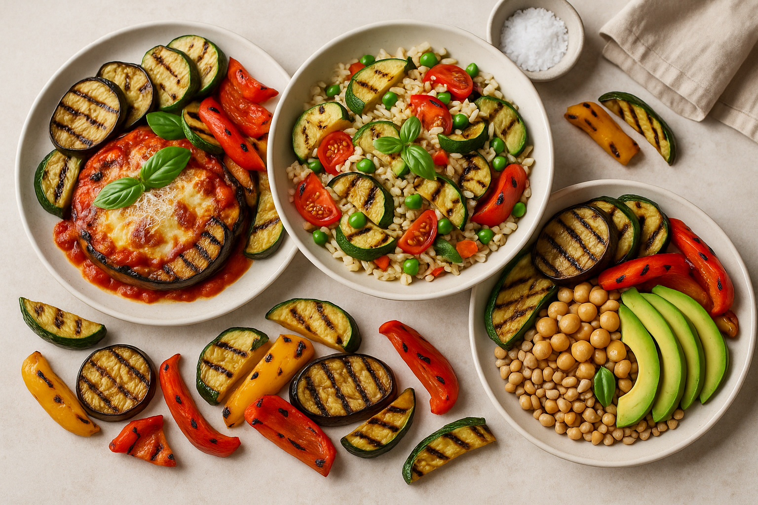 Piatti unici estivi con verdure grigliate: zucchine, riso e insalate fredde