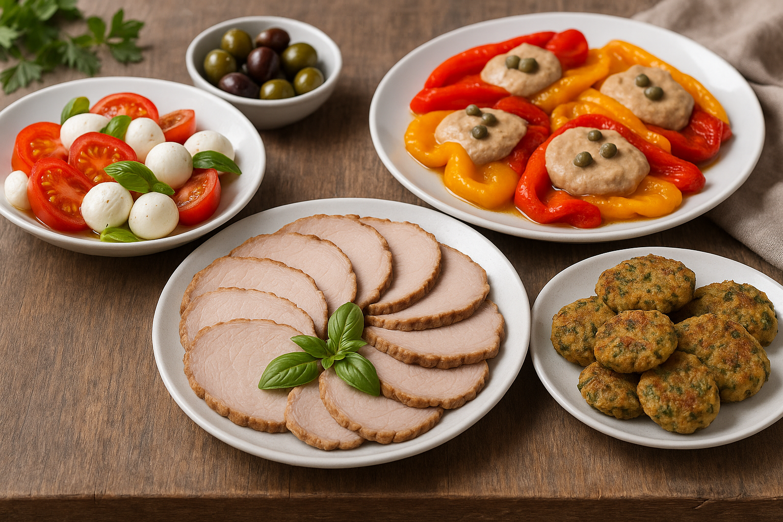 Antipasti estivi freddi: peperoni tonnati, arancini e polpette di verdure