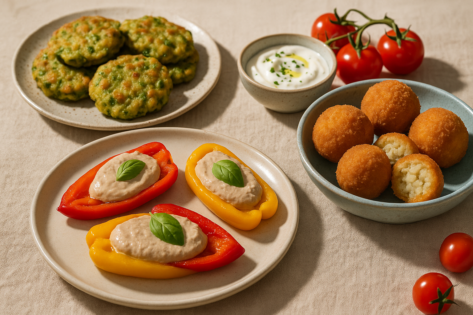 Antipasti estivi veloci: peperoni tonnati, frittelle di piselli e arancini con fagiolini (2)