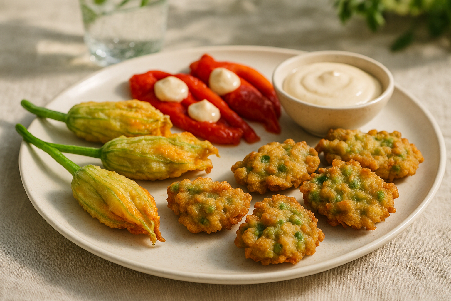 Antipasti estivi croccanti: fiori di zucca, peperoni tonnati e frittelle (2)