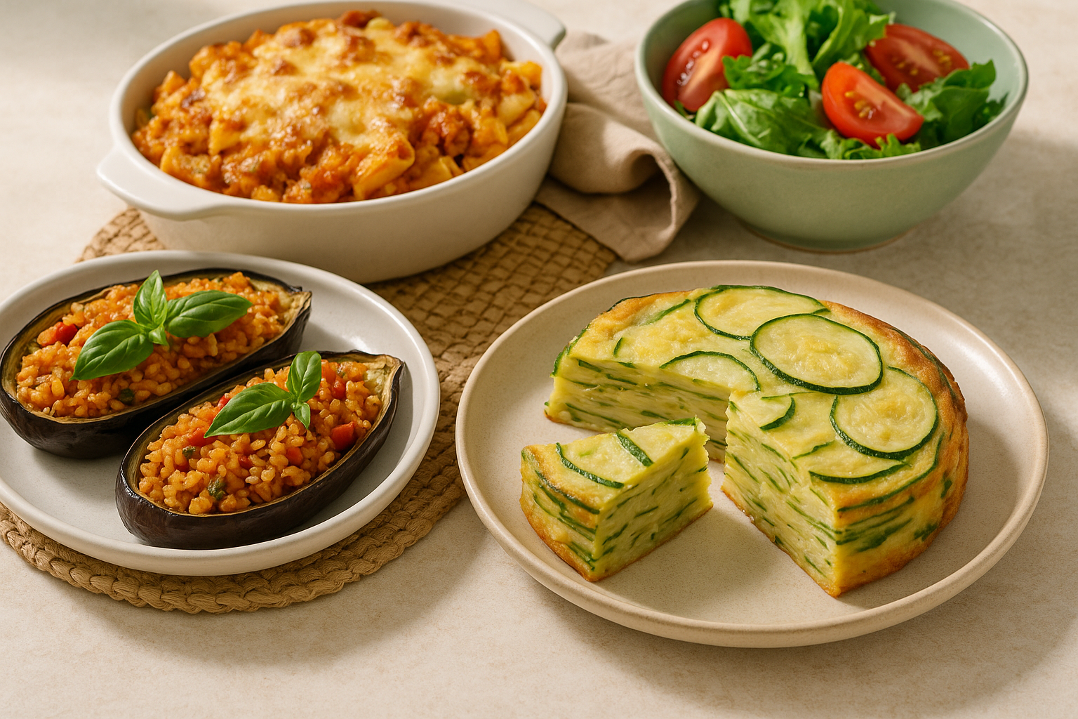 Piatti unici vegetariani: pasta gratinata con ragù vegetale, melanzane ripiene di riso, torta invisibile di zucchine (2)
