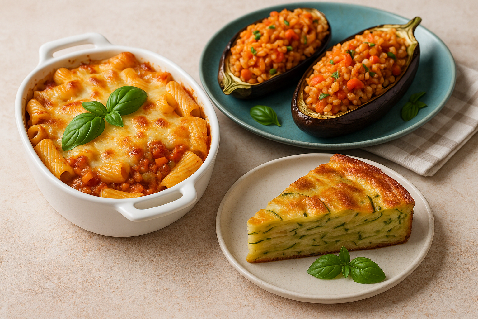 Piatti unici vegetariani: pasta gratinata con ragù vegetale, melanzane ripiene di riso, torta invisibile di zucchine