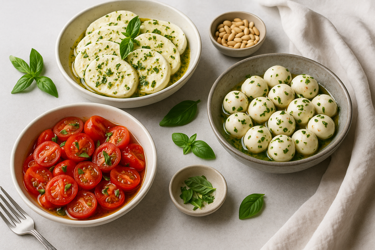 Contorni e antipasti estivi marinati: pomodorini al basilico, mozzarella ligure, mozzarelline con pomodori secchi