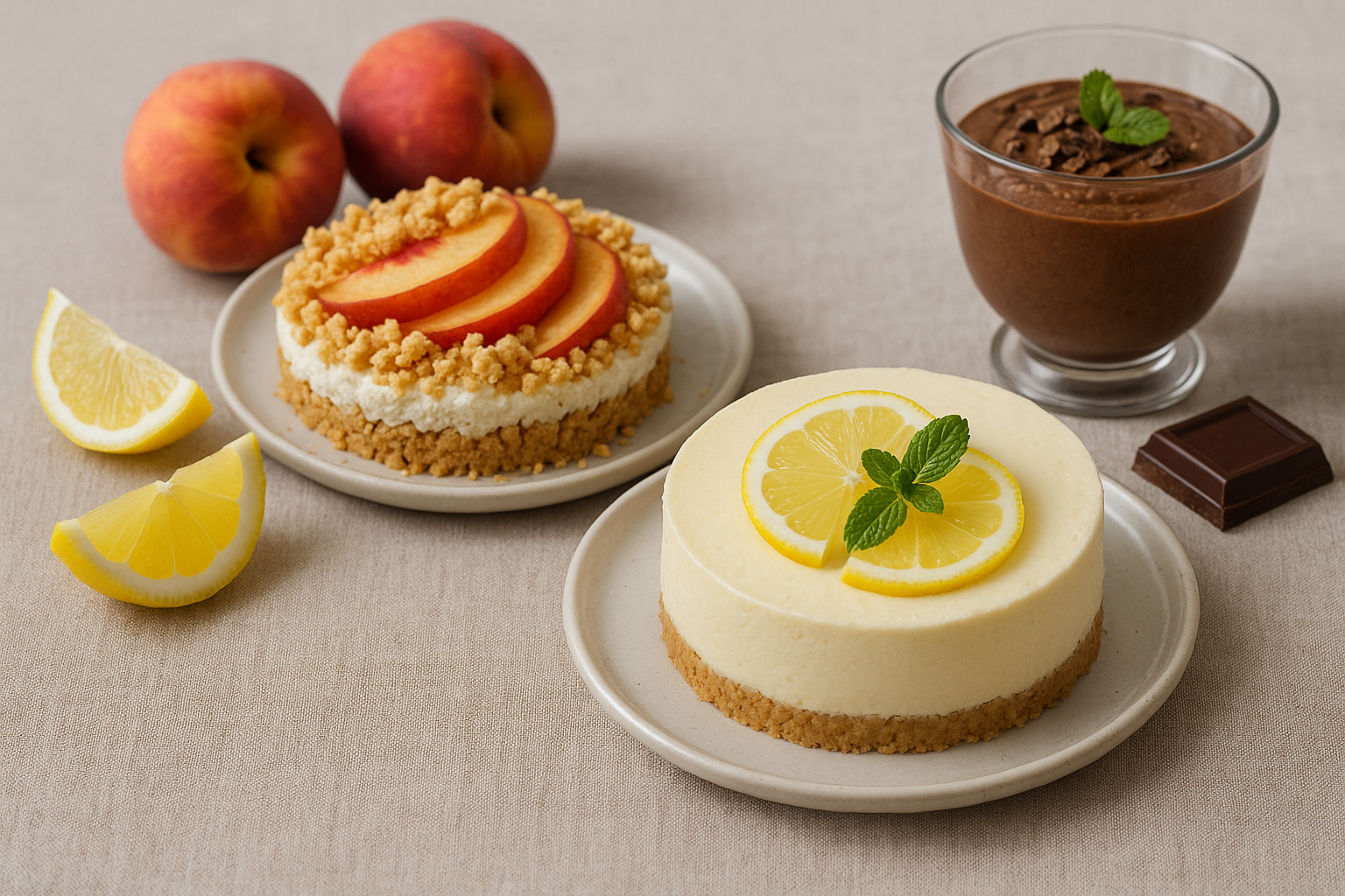 Dolci estivi senza cottura: cheesecake al limone, sbriciolata con pesche e mousse al cioccolato (2)