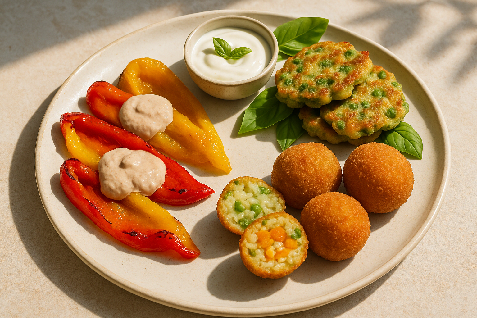 Antipasti estivi veloci: peperoni tonnati, frittelle di piselli e arancini con fagiolini