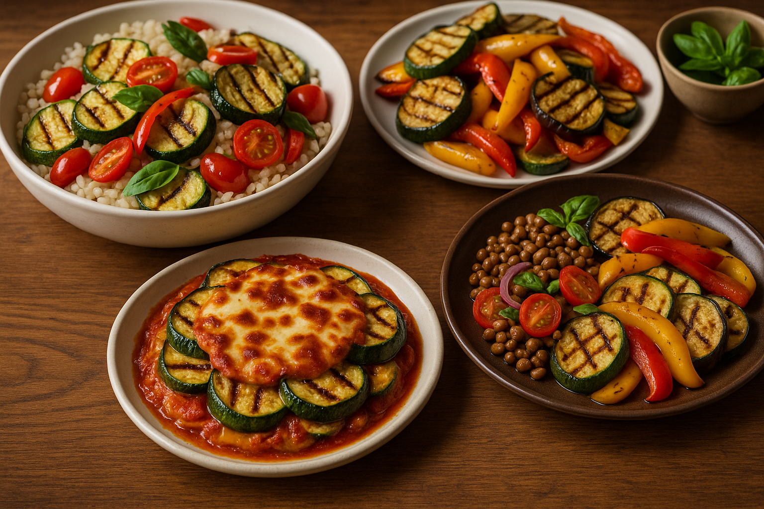 Piatti unici estivi con verdure grigliate: zucchine, riso e insalate fredde (2)