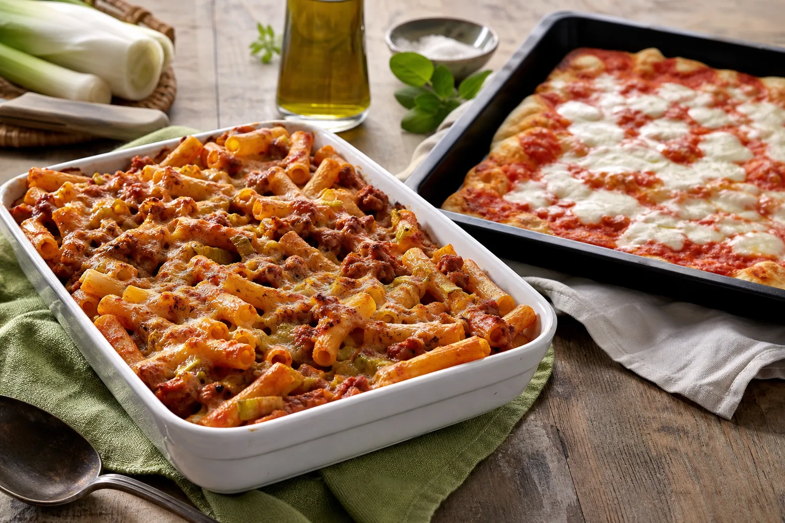 Primi piatti al forno: zite con ragù di salsiccia e porri, pizza in teglia con il cucchiaio